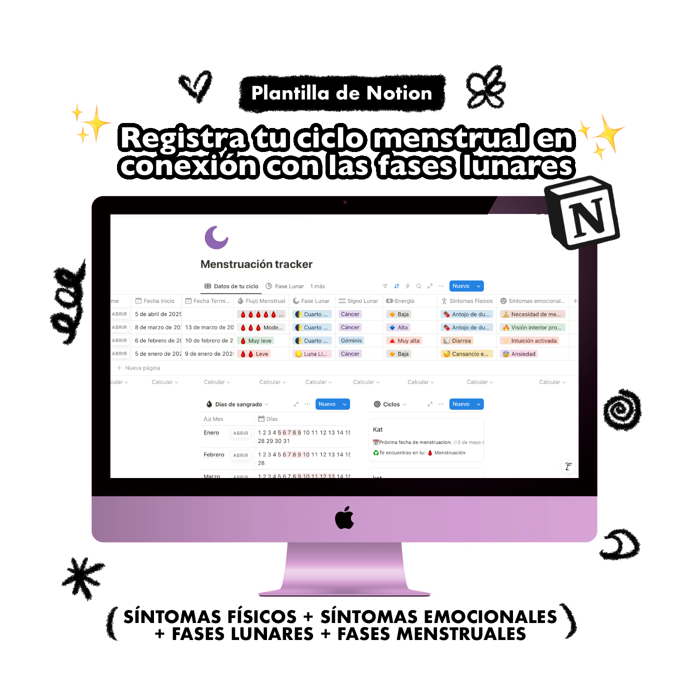Menstruación y ciclo lunar Tracker ~ Plantilla para Notion